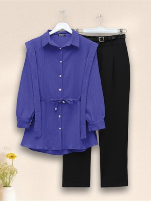 Modamorfo Inci Düğmeli Omuzu ve Beli Bağlamalı Krinkıl Gömlek -Mavi