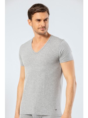 Cacharel Erkek Derin V Yaka Likralı T-Shirt 1306/GRI