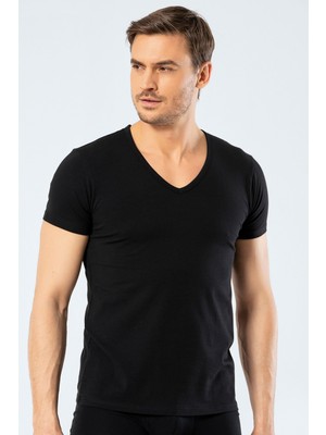 Cacharel Erkek Derin V Yaka Likralı T-Shirt 1306/SIYAH