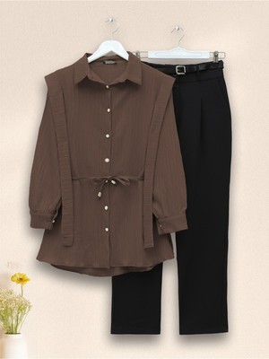 Modamorfo Inci Düğmeli Omuzu ve Beli Bağlamalı Krinkıl Gömlek -Kahve