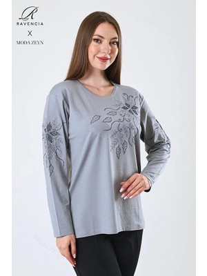 Ravencia Kadın Çiçek Desenli Taşlı Işlemeli Yırtmaçlı Likralı Viskon Anne Penye Bluz