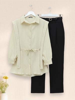 Modamorfo Inci Düğmeli Omuzu ve Beli Bağlamalı Krinkıl Gömlek -Bej