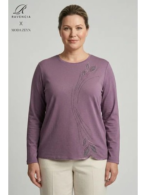 Ravencia Kadın Damla Yaprak Desenyaka ve Etek Taşlı Işlemeli Yırtmaçlı Likralı Anne Penye Bluz