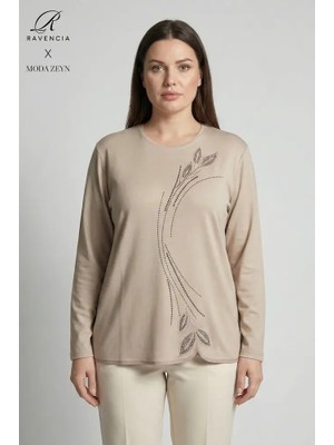 Ravencia Kadın Damla Yaprak Desenyaka ve Etek Taşlı Işlemeli Yırtmaçlı Likralı Anne Penye Bluz