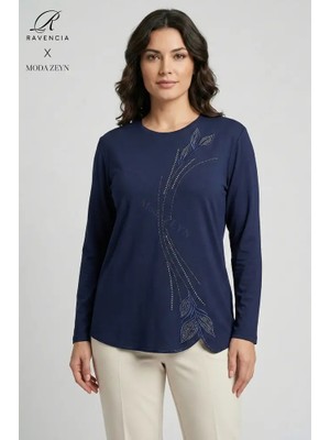 Ravencia Kadın Damla Yaprak Desen Yaka ve Etek Taşlı Işlemeli Yırtmaçlı Likralı Anne Penye Bluz