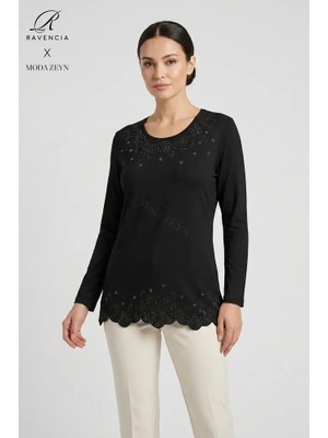 Ravencia Kadın Yıldız Desenli Yaka ve Etek Taşlı Işlemeli Yırtmaçlı Likralı Anne Penye Bluz