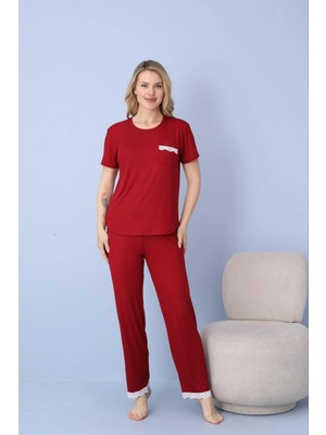 Pijamoni Kadın Dublin Kumaş Bisiklet Yaka Kısa Kollu Bordo Pijama Takımı