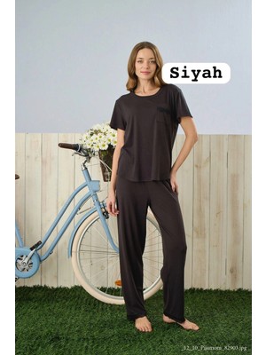 Pijamoni Kadın Dublin Kumaş Bisiklet Yaka Kısa Kollu Siyah Pijama Takımı