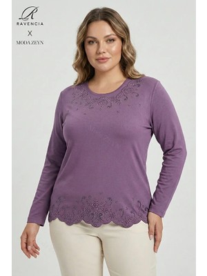 Ravencia Kadın Yıldız Desenli Yaka ve Etek Taşlı Işlemeli Yırtmaçlı Likralı Anne Penye Bluz