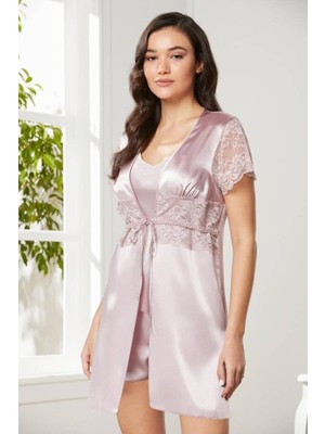 Pierre Cardin Pudra Saten Dantelli 3'lü Kadın Sabahlık-Şort Takım 2480