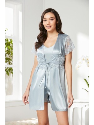 Pierre Cardin Mist Saten Dantelli 3'lü Kadın Sabahlık-Şort Takım 2480
