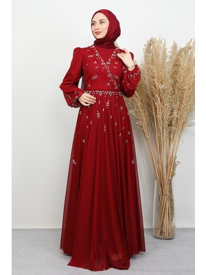 Şirin Tül Abiye Bordo