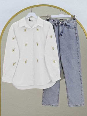 Modamorfo Buket Çiçek Detaylı Arkası Uzun Gömlek -Beyaz