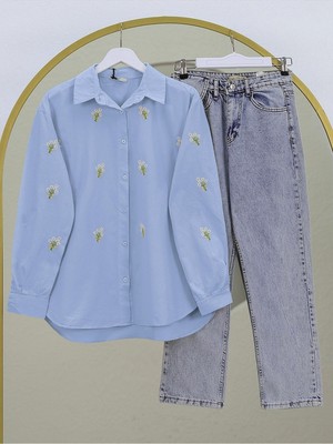 Modamorfo Buket Çiçek Detaylı Arkası Uzun Gömlek -Mavi