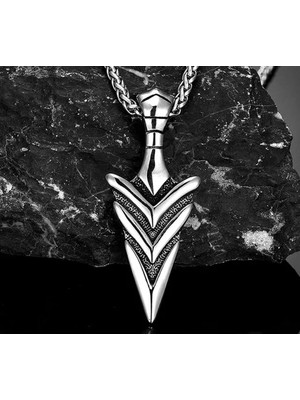 Paslanmaz Çelik Antrasit  Renk Desen Viking Mızrak Ucu Kolye