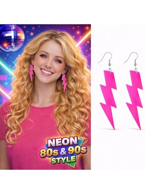 Mustran 80’ler 90&amp;#39;lar Retro Neon Pembe Şimşek Küpe 10 cm