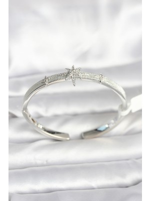 Mustran Pirinç Gümüş Renk Kutup Yıldızı Model Kadın Kelepçe Bileklik