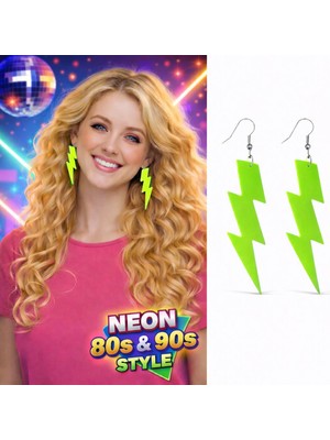 Mustran 80’ler 90&amp;#39;lar Retro Neon Yeşil Şimşek Küpe 10 cm