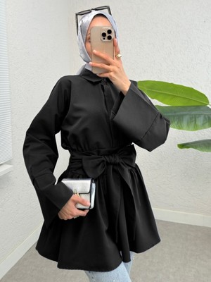 Modamorfo Yarım Düğmeli Beli Bağlamalı Yanı Fermuarlı Tunik -Siyah