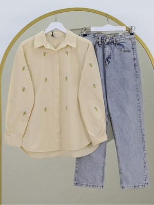 Modamorfo Buket Çiçek Detaylı Arkası Uzun Gömlek -Bej