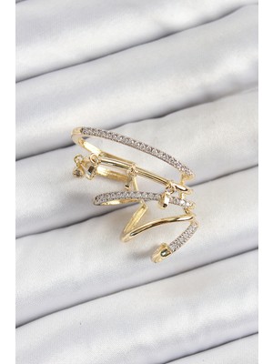 Mustran Pirinç Zirkon Taşlı Sıkıştırma Sağ Kıkırdak Gold Renk Kadın Küpe