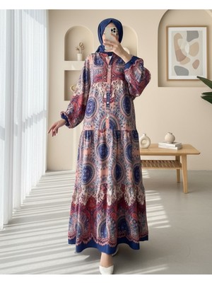 Modamorfo Dik Yaka Yarım Düğmeli Parçalı Elbise    -Yavruağzı