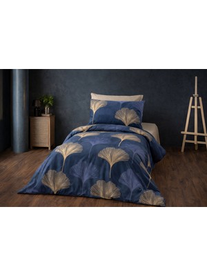 Vionetta Pamuklu Ranforce Lastikli Çarşaflı 2 Yastıklı Tek Kişilik Nevresim Takımı Royal Ginkgo Lacivert