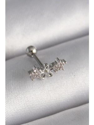 Mustran 316L Çelik Gümüş Renk Zirkon Taşlı Çiçek Tragus Piercing