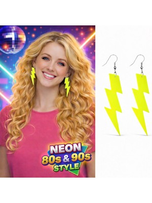 Mustran 80’ler 90&amp;#39;lar Retro Neon Sarı Şimşek Küpe 10 cm