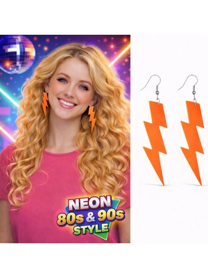 Mustran 80’ler 90&amp;#39;lar Retro Neon Turuncu Şimşek Küpe 10 cm