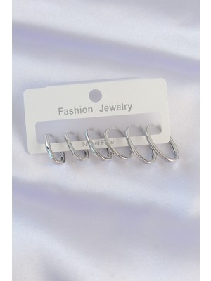 Mustran Pirinç Gümüş Renk Ince Oval Küpe Seti