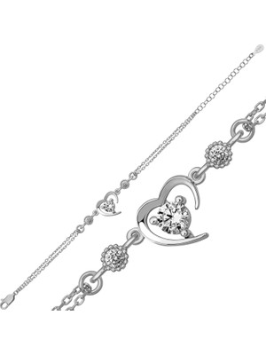 Gümüş Kalp Tek Taş Kadın Bileklik