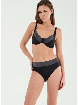 Louren Kadın Siyah Simli Detaylı Çıkarılabilir Ince Kaplı Balenli Toparlayıcı Bikini Takımı