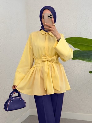 Moda Morfo Yarım Düğmeli Beli Bağlamalı Yanı Fermuarlı Tunik -Sarı
