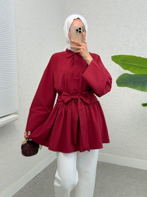 Modamorfo Yarım Düğmeli Beli Bağlamalı Yanı Fermuarlı Tunik -Bordo