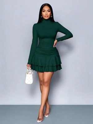 Marsilyan- Kadın Uzun Kollu Balıkçı Yaka Mini Fırfırlı Sandy Elbise