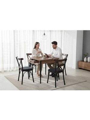 Vetrowood Beril Ceviz Açılır Mutfak Masa Takımı 80X80/160 cm 4 Tonet Siyah Sandalyeli