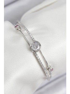 Mustran Pirinç Zirkon Taşlı Pırlanta Model Gümüş Renk Kadın Bileklik