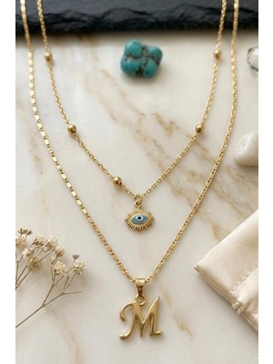 Larius Jewelry Ikili Kombin Harf Kolye,göz Nazar Kolyesi,harf Kolye (Tek/çift Kullanım), Altın Kaplama,kombin Kolye