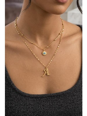 Larius Jewelry Ikili Kombin Harf Kolye,göz Nazar Kolyesi,harf Kolye (Tek/çift Kullanım), Altın Kaplama,kombin Kolye