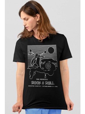 Rock&roll Çizgili Scooter  Kısa Kollu Siyah Kadın Tişört