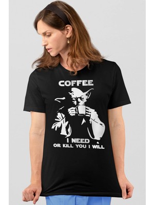 Rock&roll Yoda Kahvesi Kısa Kollu Siyah Kadın Tişört
