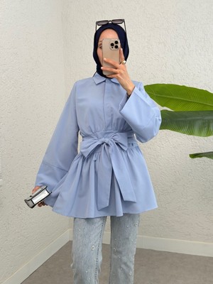 Modamorfo Yarım Düğmeli Beli Bağlamalı Yanı Fermuarlı Tunik -Bebe Mavi