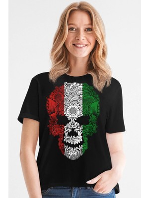 Rock&roll Italyan Kurukafa Kısa Kollu Siyah Kadın Tişört