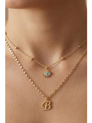 Larius Jewelry Ikili Kombin Harf Kolye,göz Nazar Kolyesi,harf Kolye (Tek/çift Kullanım), Altın Kaplama,kombin Kolye