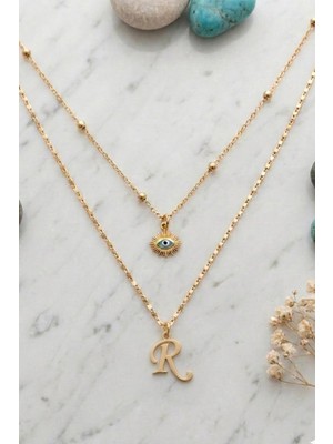Larius Jewelry Ikili Kombin Harf Kolye,göz Nazar Kolyesi,harf Kolye (Tek/çift Kullanım), Altın Kaplama,kombin Kolye