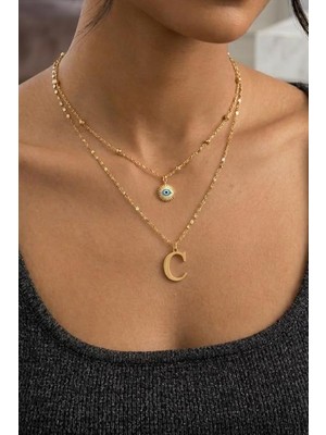 Larius Jewelry Ikili Kombin Harf Kolye,göz Nazar Kolyesi,harf Kolye (Tek/çift Kullanım), Altın Kaplama,kombin Kolye