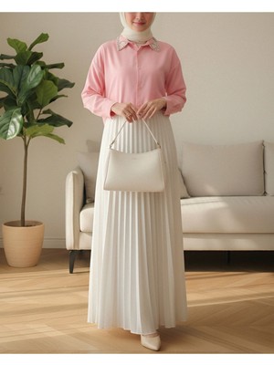 Modamorfo Yakası Taş Detaylı Düğmeli Salaş Gömlek -Pembe