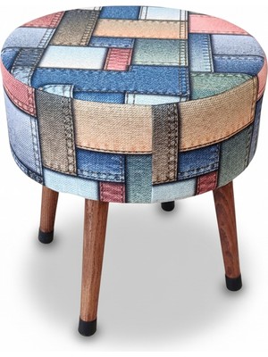 Ustaagac Etna Patchwork Yama Işi Desenli El Yapımı Puf – Ahşap Ayaklı Dekoratif Oturma Taburesi