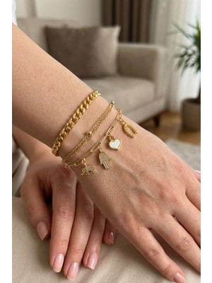 Larius Jewelry Charm Bileklik 3 Lü Set,altın Renk Şans/nazar Sembollü Bileklik (Kalp,fil,nal,hamsa(Fatma Ana Eli)